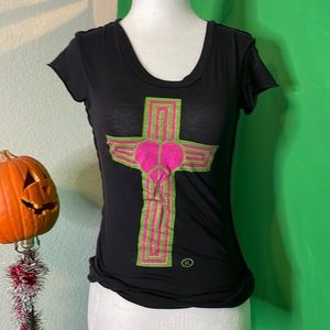 Black sheer T shirt inside out designer vintage